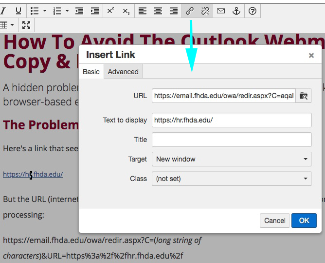 Screen display of using Insert/Edit Link tool to check URL of link